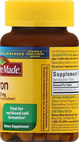 Nature Made Iron 65 mg (325 mg Ferrous Sulfate) Tablets, Dietary Supplement for Red Blood Cell Support, 180 Tablets, 180 Day Supply (Pack of 2)