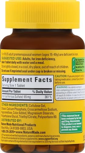 Nature Made Iron 65 mg (325 mg Ferrous Sulfate) Tablets, Dietary Supplement for Red Blood Cell Support, 180 Tablets, 180 Day Supply (Pack of 2)