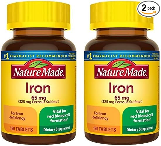 Nature Made Iron 65 mg (325 mg Ferrous Sulfate) Tablets, Dietary Supplement for Red Blood Cell Support, 180 Tablets, 180 Day Supply (Pack of 2)