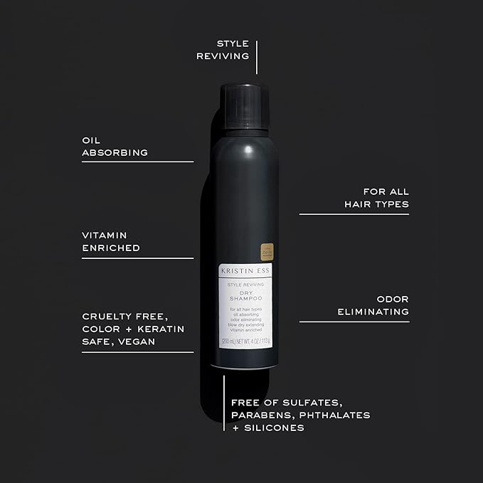 Kristin Ess Hair Style Reviving Dry Shampoo with Vitamin C for All Hair Types, Blonde and Brunette Hair, Oil Absorbing + Time Saving Dry Shampoo Powder Spray for Women, Vegan, 4 oz