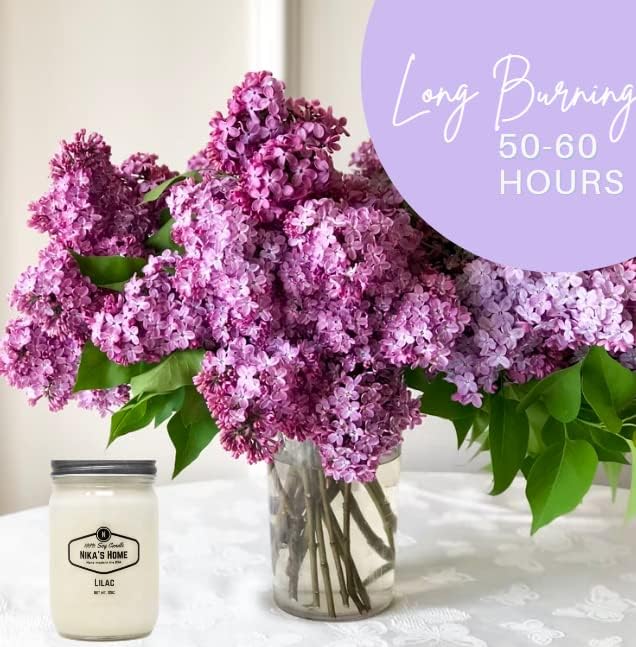 Nika's Home Lilac Soy Candle - 12oz Mason Jar - Non-Toxic - Hand Poured in The USA, Long Burning 50-60 Hours Highly Scented All Natural, Clean Burning
