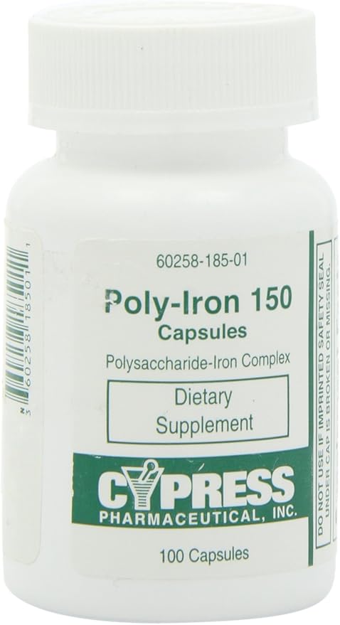 Dietary Supplement - Poly Iron Capsules 150 mg (100 caps per bottle) by Cypress Pharmaceutical #185-01 (1 Bottle of 100 Caps)