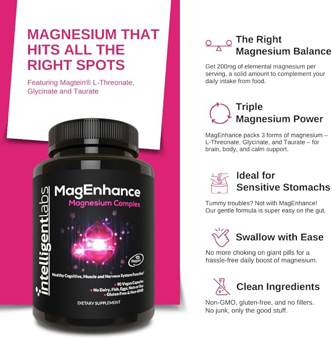 Intelligent Labs MagEnhance Magtein Magnesium Complex Supplement L-Threonate with Magnesium Glycinate and Taurate, 90 Capsules