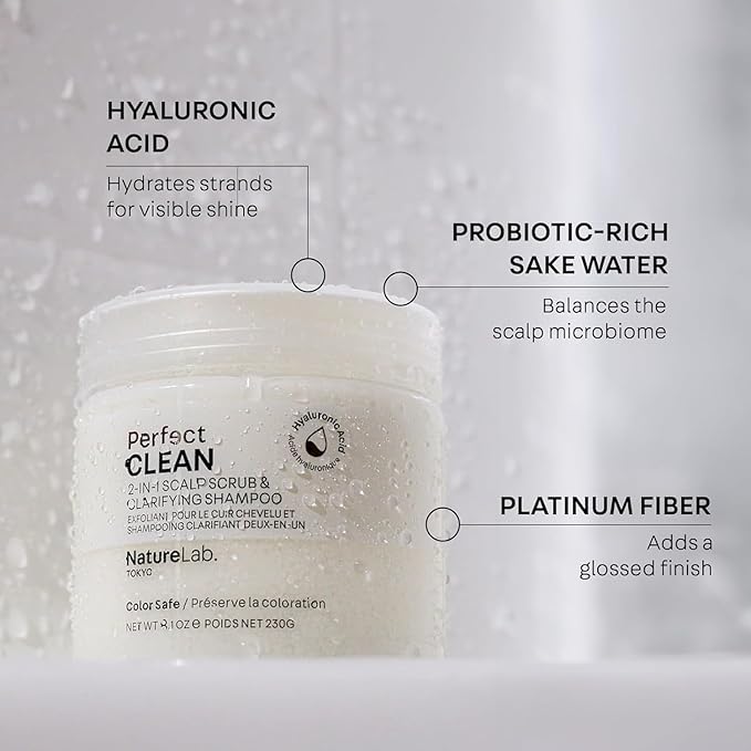 NATURELAB. TOKYO Perfect Clean 2-in-1 Scalp Scrub & Clarifying Shampoo | Exfoliating Sugar Crystals with Probiotic Sake Water & Hyaluronic Acid for Deep Scalp Cleanse, Shine, & Hydration – 8.1 oz