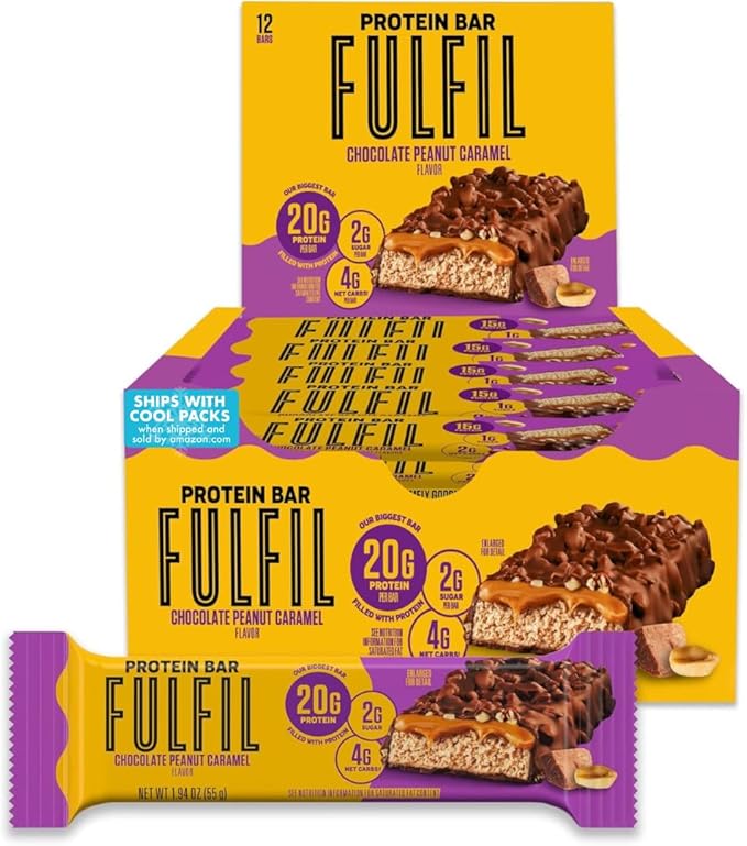 FULFIL Protein Bars, Chocolate Peanut Caramel Flavored, Gluten Free with 20g Protein, Pantry Staples, 12 Count