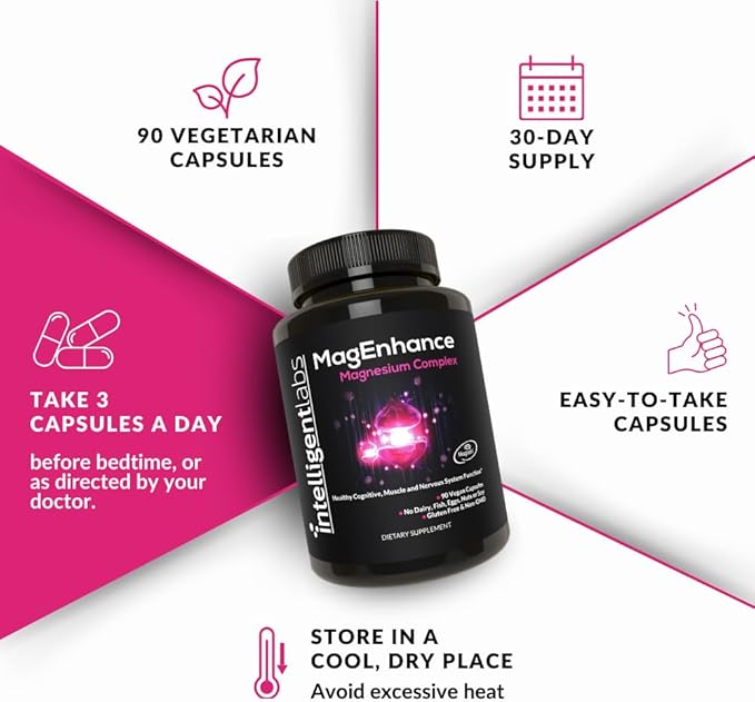 Intelligent Labs MagEnhance Magtein Magnesium Complex Supplement L-Threonate with Magnesium Glycinate and Taurate, 90 Capsules