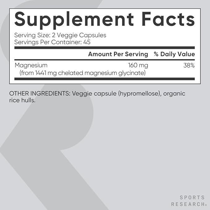 Sports Research® Magnesium Glycinate - Supports Restful Sleep & Enzymatic Processes - 160 mg Chelated Magnesium - Vegan Capsule - 90 Count