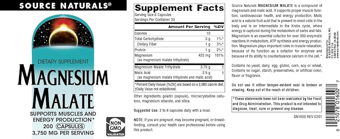 Source Naturals Magnesium Malate, Supports Muscles and Energy Production*, 3750 MG - 200 Capsules