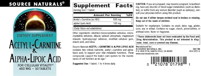 Source Naturals Acetyl L-Carnitine & Alpha-Lipoic Acid 650mg - 30 Tablets