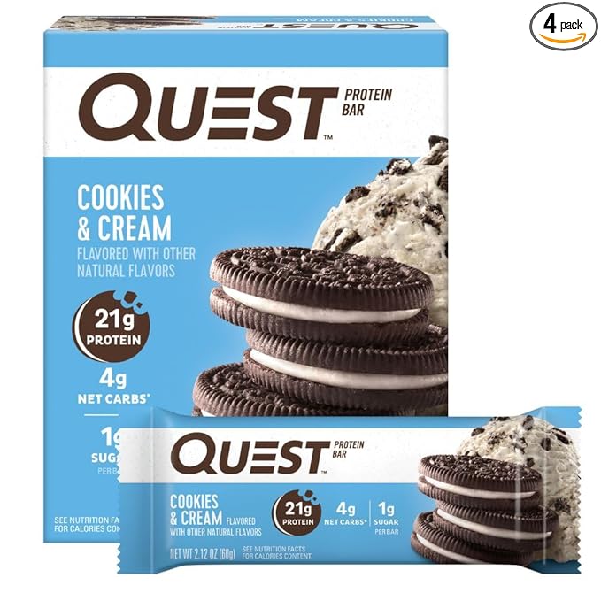 Quest Nutrition Cookies & Cream Protein Bars, 21g Protein, 4g Net Carbs, 1g Sugar, Gluten Free, Keto Friendly, 4 Count