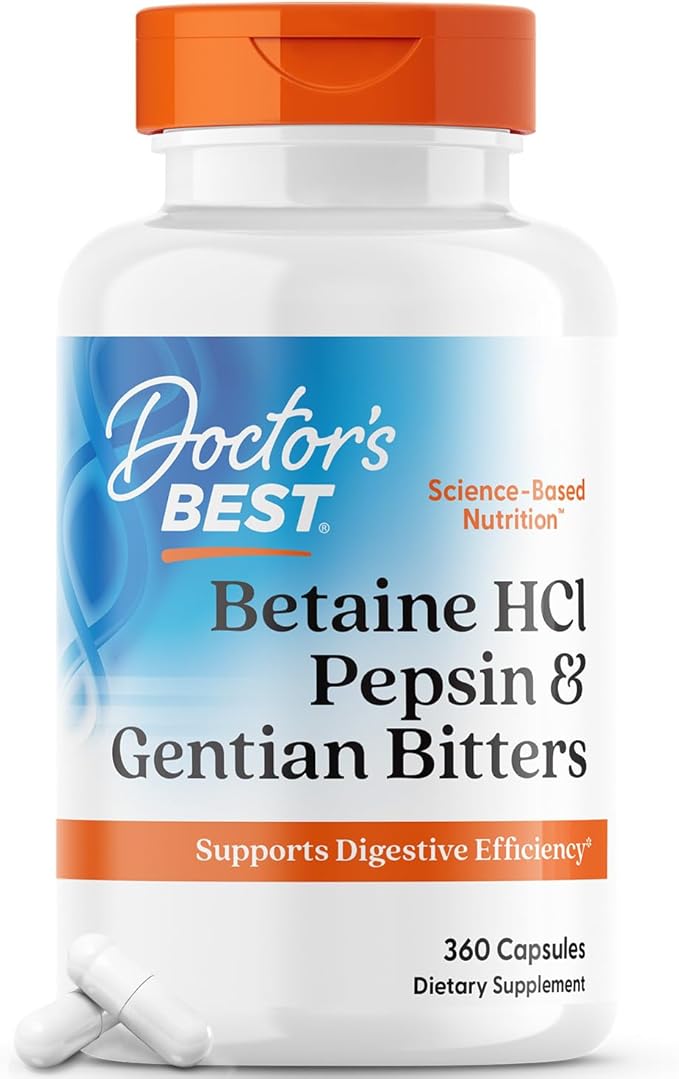 Doctor's Best Betaine HCI Pepsin & Gentian Bitters, Digestive Enzymes for Protein Breakdown & Absorption, Non-GMO, Gluten Free, 360 Count (Pack of 1)