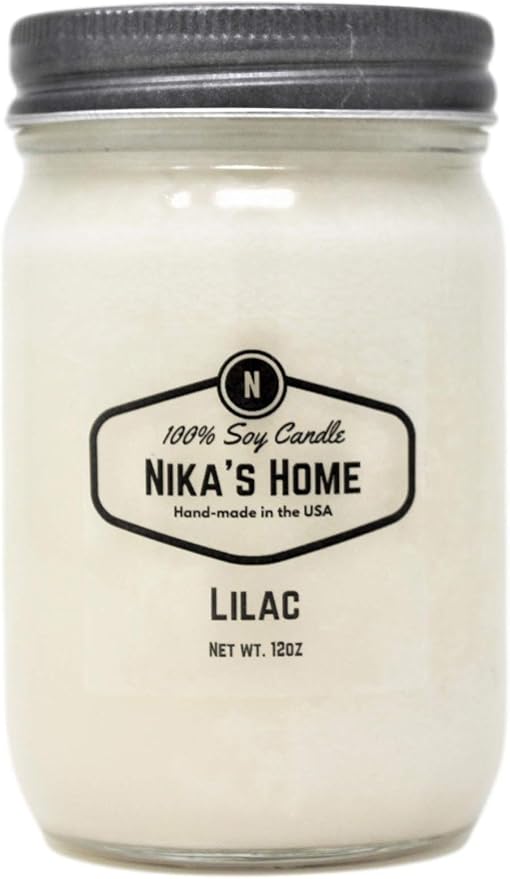 Nika's Home Lilac Soy Candle - 12oz Mason Jar - Non-Toxic - Hand Poured in The USA, Long Burning 50-60 Hours Highly Scented All Natural, Clean Burning