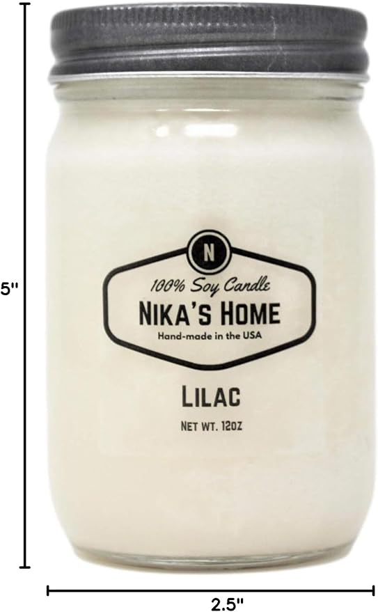Nika's Home Lilac Soy Candle - 12oz Mason Jar - Non-Toxic - Hand Poured in The USA, Long Burning 50-60 Hours Highly Scented All Natural, Clean Burning