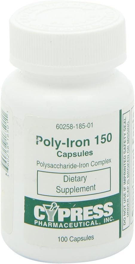 Dietary Supplement - Poly Iron Capsules 150 mg (100 caps per bottle) by Cypress Pharmaceutical #185-01 (1 Bottle of 100 Caps)