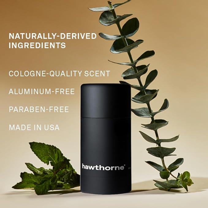 Hawthorne Mens Natural Stain-Free Deodorant, Aluminum-Free Clear Formula to Prevent Body Odor and Absorb Sweat with Witch Hazel, Nettle Leaf, Mint & Eucalyptus Scent, Under Arm Odor Protection, 2.6 oz