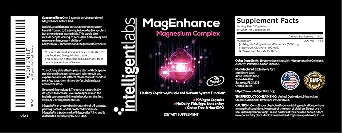 Intelligent Labs MagEnhance Magtein Magnesium Complex Supplement L-Threonate with Magnesium Glycinate and Taurate, 90 Capsules