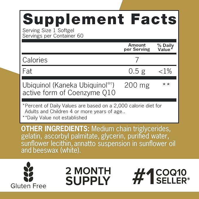 Qunol Ubiquinol CoQ10 200mg Softgels, Powerful Antioxidant for Heart and Vascular Health, Essential for Energy Production, Natural Supplement Active Form of CoQ10, 60ct Softgels