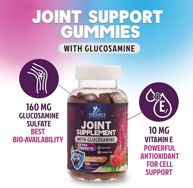 Joint Support Gummies Glucosamine Plus Vitamin E - Nature's Joint Support Supplement for Occasional Discomfort for Back, Knees & Hands - Cartilage & Joint Health & Flexibility Support - 120 Gummies