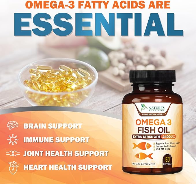 Triple Strength Omega 3 Fish Oil - 2400 mg Natural Omega-3 Supplements Support Brain, Heart & Joint Health with EPA & DHA Essential Fatty Acids - Lemon Flavor, Burpless, Wild Caught - 60 Softgels
