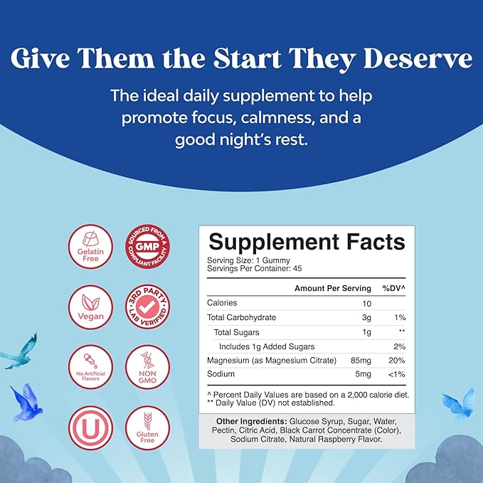 Kids Magnesium Gummies - Calm Relaxing Mg Citrate Supplement with Raspberry Flavor - Calm Magnesium Supplement for Nerve Health, Muscles & Heart Support - Mag Citrate Gummies, 45 Count Pack