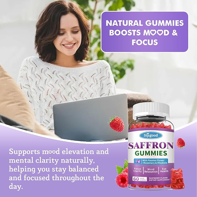 Saffron Gummies - Sugar Free Saffron Supplement for Men Women Mood Support Supplement with Saffron Extract, Passion Flower, Magnesium & Vitamins for Relaxation, Focus, Raspberry Flavor, 60 Count