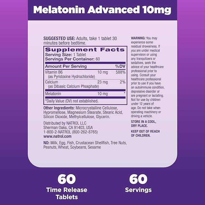 Natrol Sleep Advanced Melatonin Time Release Tablets, Nighttime Sleep Aid, 10mg, 60 Count