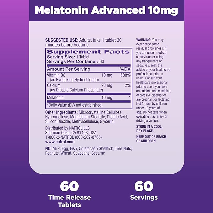 Natrol Sleep Advanced Melatonin Time Release Tablets, Nighttime Sleep Aid, 10mg, 60 Count
