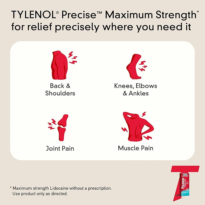 Tylenol Precise Cooling Pain Relieving Cream, Maximum Strength 4% Lidocaine & 1% Menthol Cream for Joint Pain, Fast-Acting, Penetrating Pain Relieving Cream, Light Scent, 4oz