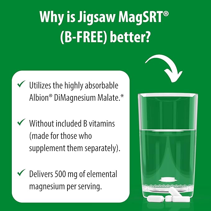 Jigsaw Health MagSRT (B-Free) | Premium, Organic, Slow Release Magnesium Supplement | Active, Bioavailable Magnesium Malate Tablets | 240 Tablets | 60 Servings