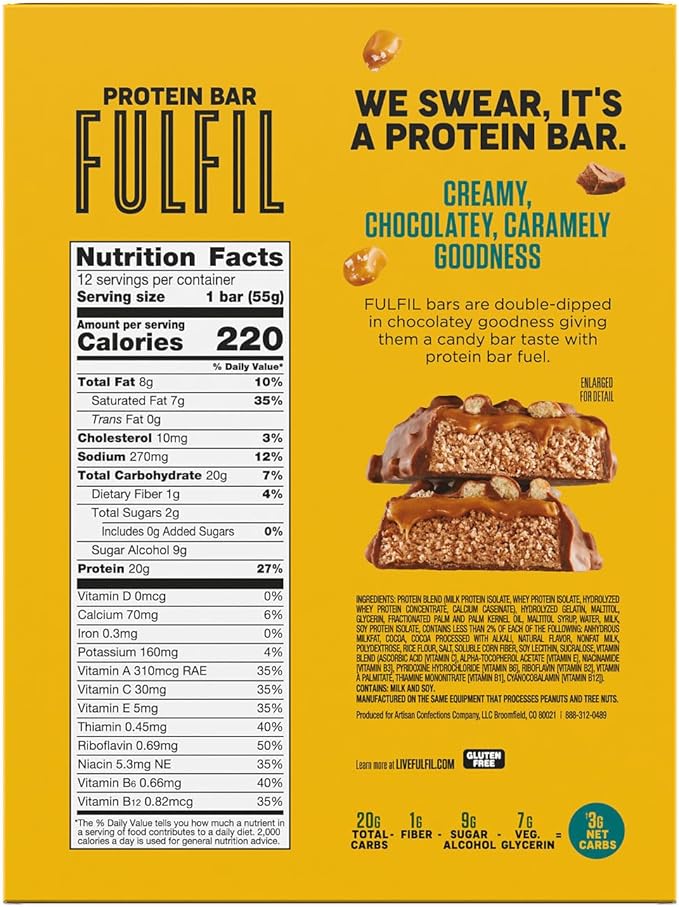 FULFIL Protein Bars, Chocolate Salted Caramel Flavored, Gluten Free with 20g Protein, Pantry Staples, 12 Count