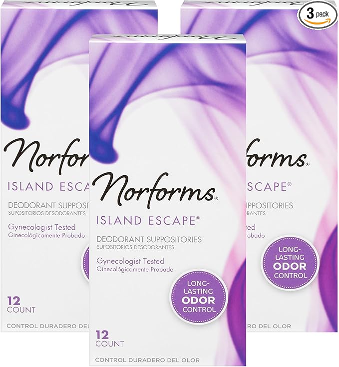 Norforms Feminine Deodorant Suppositories, Long Lasting Odor Control, Island Escape Scent, 12 Count Deodorant Suppositories in Each Box (Pack of 3)