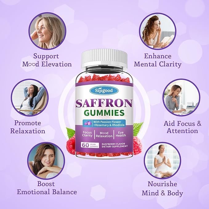 Saffron Gummies - Sugar Free Saffron Supplement for Men Women Mood Support Supplement with Saffron Extract, Passion Flower, Magnesium & Vitamins for Relaxation, Focus, Raspberry Flavor, 60 Count