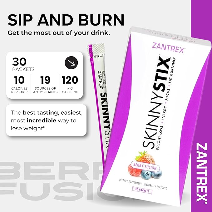 Zantrex SkinnyStix Energy Powder – Lose Weight, GLP-1, Appetite Suppressant, Boost Mood – 10 Calories – Yerba Mate, Coffee Bean – 30 Stix, Berry