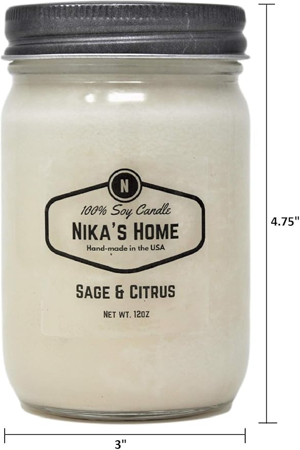 Nika's Home Sage & Citrus Soy Candle - 12oz Mason Jar - Non-Toxic - Hand Poured in The USA, Long Burning 50-60 Hours Highly Scented All Natural, Clean Burning