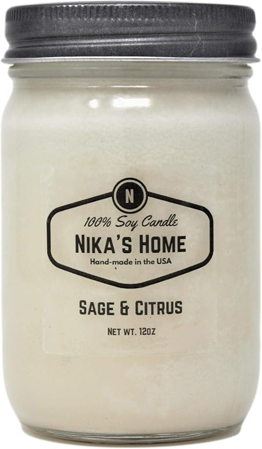 Nika's Home Sage & Citrus Soy Candle - 12oz Mason Jar - Non-Toxic - Hand Poured in The USA, Long Burning 50-60 Hours Highly Scented All Natural, Clean Burning
