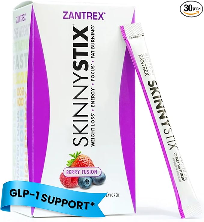 Zantrex SkinnyStix Energy Powder – Lose Weight, GLP-1, Appetite Suppressant, Boost Mood – 10 Calories – Yerba Mate, Coffee Bean – 30 Stix, Berry