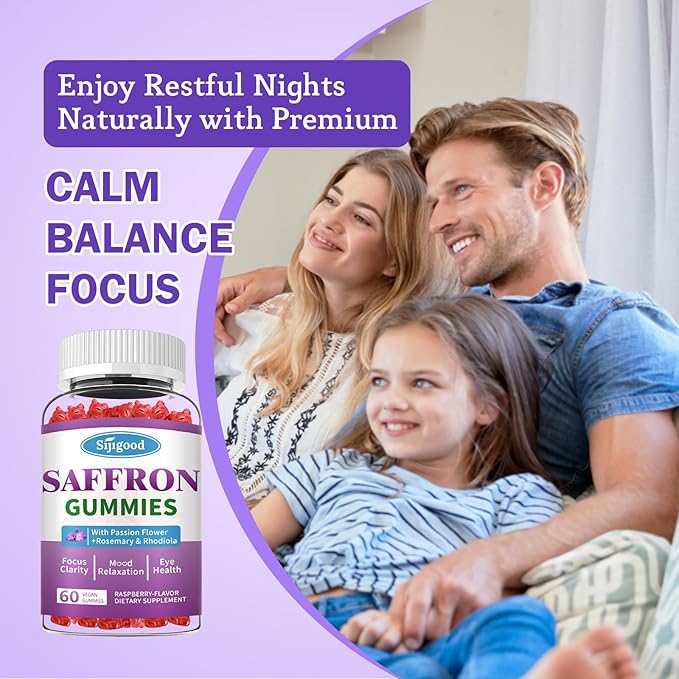 Saffron Gummies - Sugar Free Saffron Supplement for Men Women Mood Support Supplement with Saffron Extract, Passion Flower, Magnesium & Vitamins for Relaxation, Focus, Raspberry Flavor, 60 Count