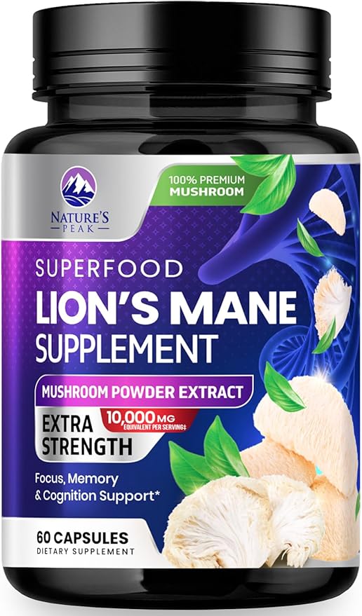 Lions Mane Supplement Capsules 10,000mg, Premium Lion’s Mane Mushroom Capsules Supplement for Memory and Focus Support, Brain, Immune Health Support, Vegan Non-GMO Mushroom Powder Extract - 60 Count