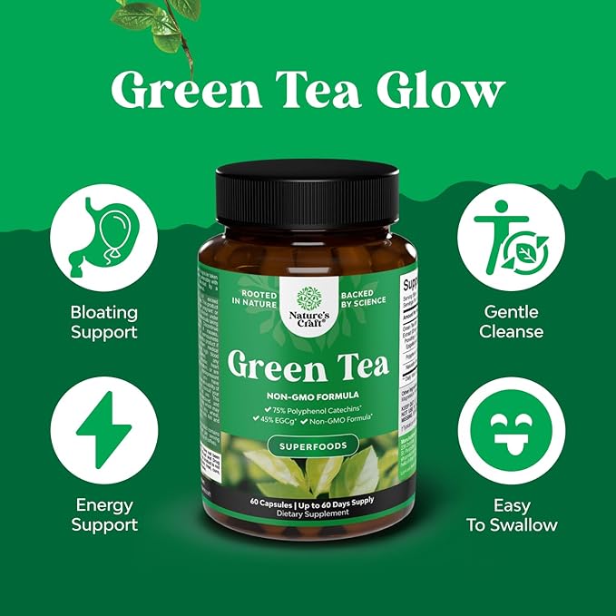 Green Tea Extract Capsules - 500mg Pure Leaf Green Tea Caffeine Supplement - EGCG, Caffeine Extract & Polyphenols Supplement for Healthy Metabolism Support for Women & Men - Natural Detox - 60 Count
