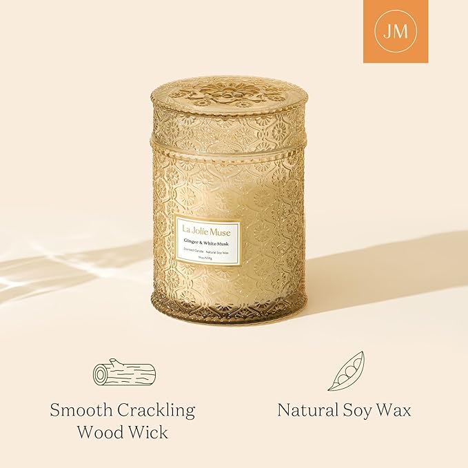 LA JOLIE MUSE Ginger & White Musk Candle, 19 oz Large Wood Wicked Candles for Home Scented, Natural Soy Candle Gifts for Men&Women, Long Burning Glass Jar Candles