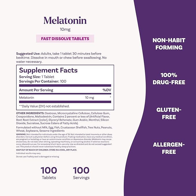 Natrol Fast Dissolve Melatonin 10mg Tablets - Strawberry Flavor, 100 Count, Sleep Support Melatonin Tablets for Adults, 100-Day Supply