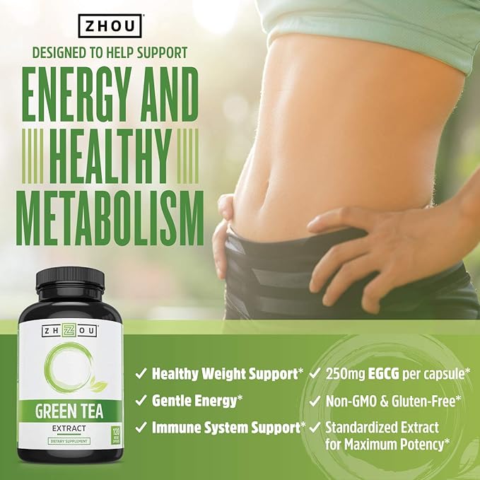 Zhou Nutrition Green Tea Extract Supplement - Green Tea & ECGC for Women & Men, Clean Caffeine Energy, Antioxidant Support, 500mg Per Serving - 120 Vegan Friendly Capsules