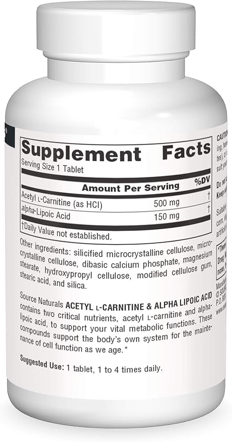 Source Naturals Acetyl L-Carnitine & Alpha-Lipoic Acid 650mg - 30 Tablets
