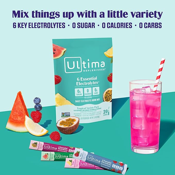 Ultima Replenisher Daily Electrolyte Powder Drink Mix – Sugar Free – Tropical Variety, 20 Stickpacks – Hydration Packets with 6 Electrolytes and Minerals – Keto Friendly, Non-GMO