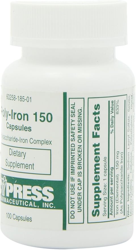 Dietary Supplement - Poly Iron Capsules 150 mg (100 caps per bottle) by Cypress Pharmaceutical #185-01 (1 Bottle of 100 Caps)