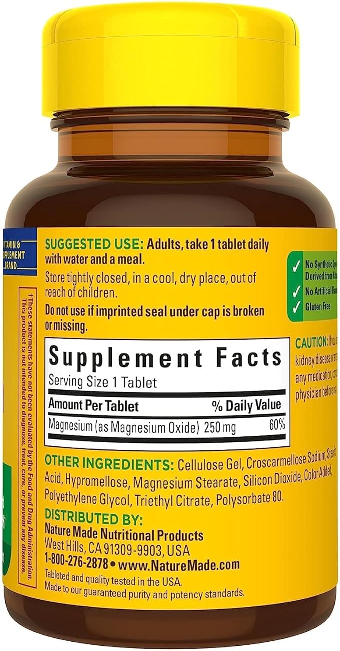 NATURE MADE Magnesium, 250 mg, Tablets, 100 ct