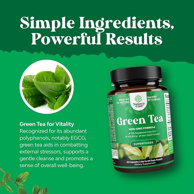 Green Tea Extract Capsules - 500mg Pure Leaf Green Tea Caffeine Supplement - EGCG, Caffeine Extract & Polyphenols Supplement for Healthy Metabolism Support for Women & Men - Natural Detox - 60 Count
