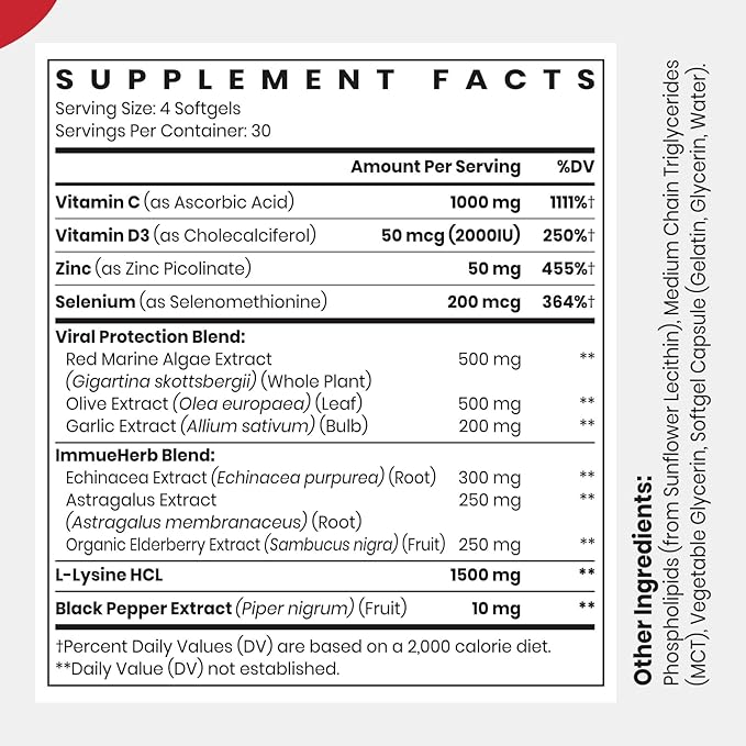 Liposomal Immune Support Supplement for Adults, Complex with L-Lysine 1,500mg, Vitamins, Minerals & Herbal Extracts, Comprehensive Daily Wellness Blend for Men & Women - 240 Capsules