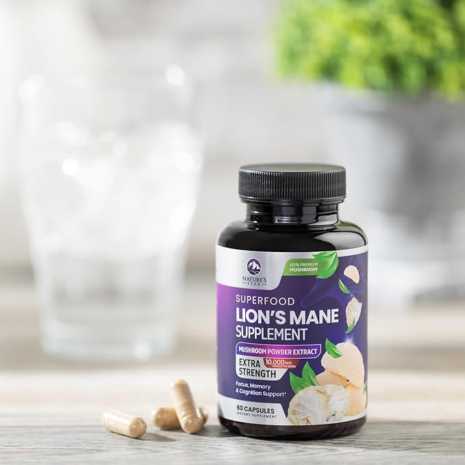 Lions Mane Supplement Capsules 10,000mg, Premium Lion’s Mane Mushroom Capsules Supplement for Memory and Focus Support, Brain, Immune Health Support, Vegan Non-GMO Mushroom Powder Extract - 60 Count