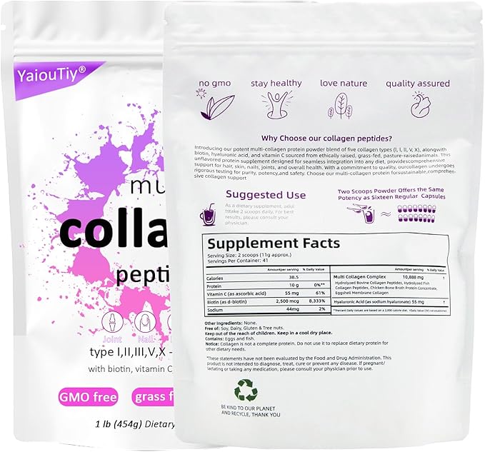 Multi Collagen Peptides Powder - Hydrolyzed Collagen Types I, II, III, V, X for Skin, Hair, Nails & Joint Support - Unflavored, Gluten-Free, Easy to Mix - Non-GMO, Paleo Friendly 16oz (1 Pack)